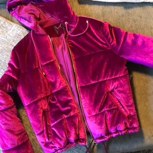 Forever 21 velvet purple bomber coat with hood